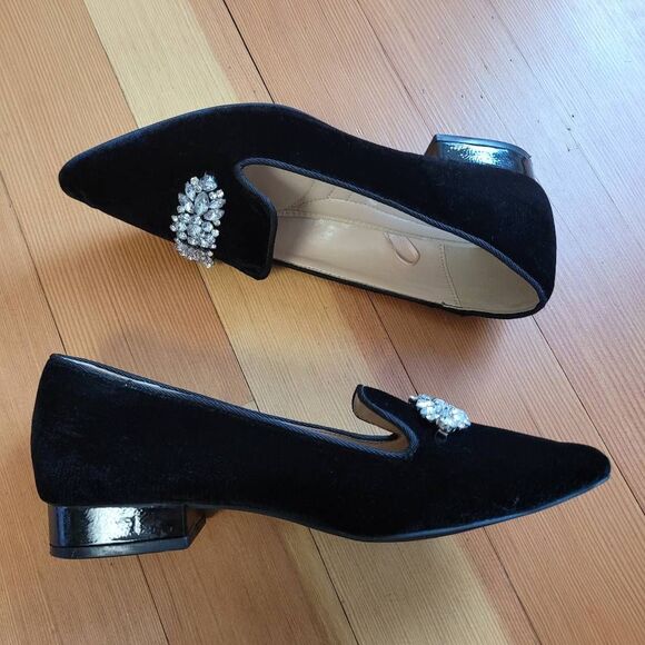 Adrienne Vittadini 7M black velvet pointed toe loafer mules gem details on toe - Picture 5 of 11